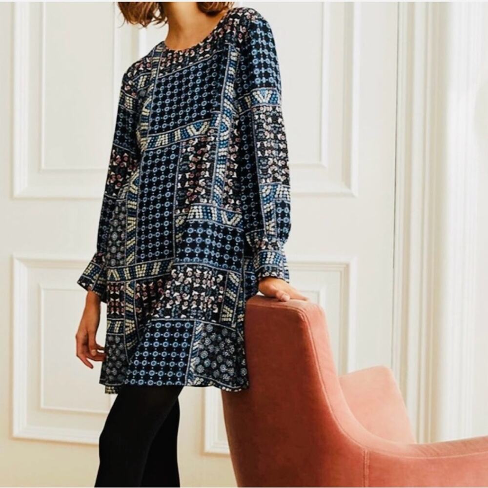 Loft Floral Patchwork Long Sleeve Tunic Dress 8 Blue Cottage Bohemian Academia